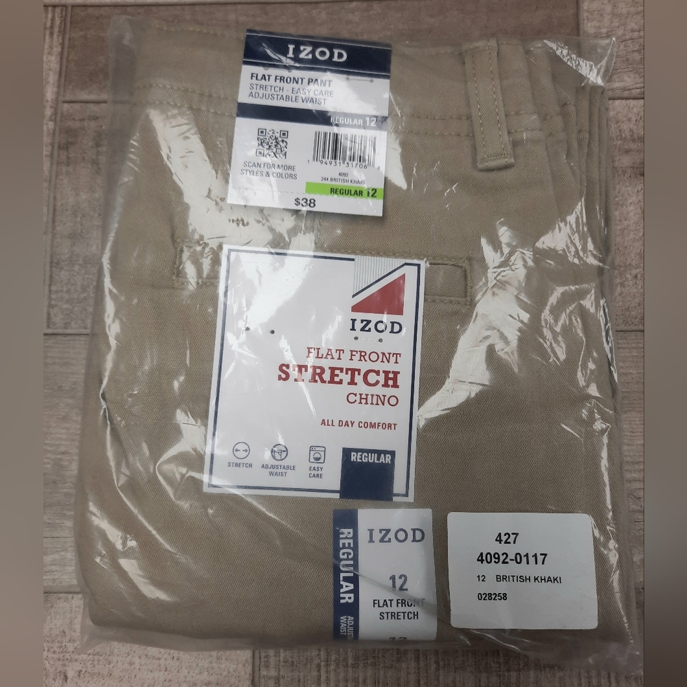 Boys Sz 12 IZOD Khakis Chinos NIP NWT Flat front stretch Chino